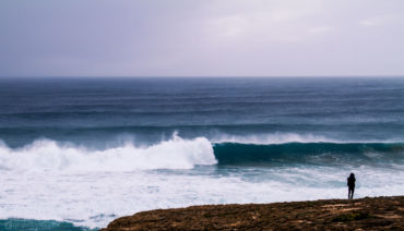 Big waves breaking off Monte Clerigo in the Algarve.